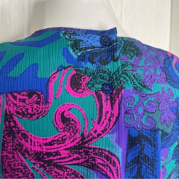 Vintage JG Collection Petite Blouse 8 Teal Pink Blue 1980’s S/S Padded Shoulders - Picture 6 of 9